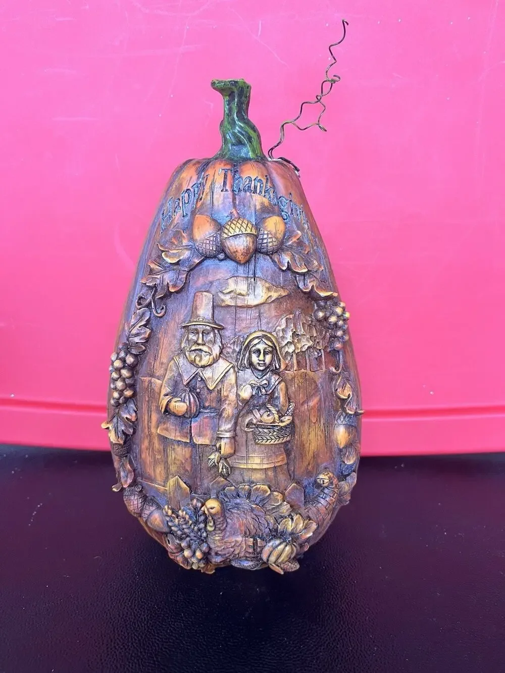 Resin Carved Pilgrim Pumpkin Vintage Thanksgiving